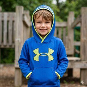 Under Armour Boys Fleece Big Logo Hoodie Size 4 Blue Neon Yellow Pullover